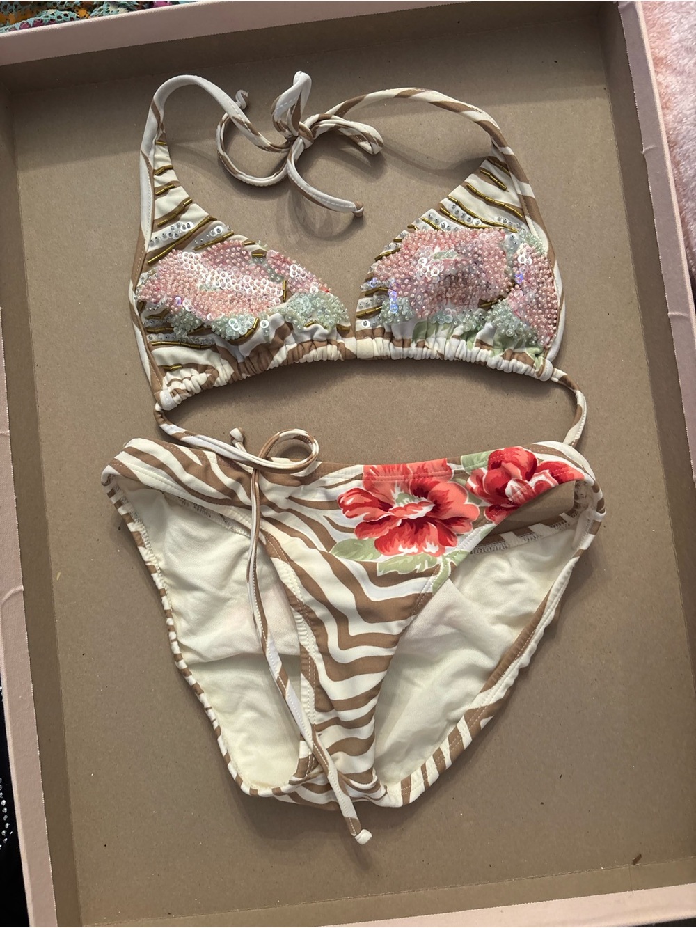 Vix Cream and Tan Striped Sequin Bikini Top